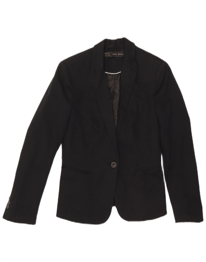 Zara Womens 1 Button Blazer Jacket UK 12 Medium Black Cotton