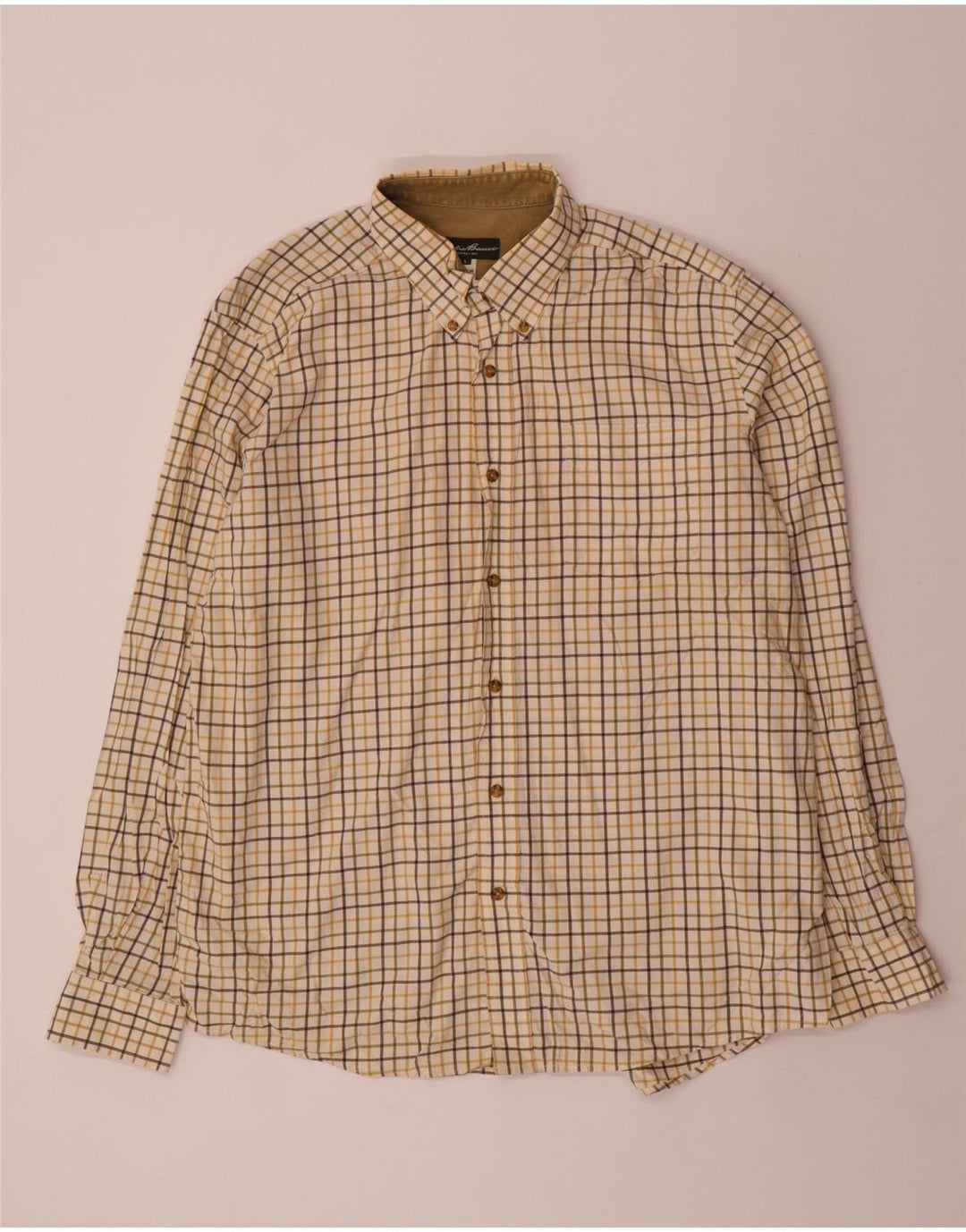 EDDIE BAUER Mens Shirt Large Beige Check Cotton