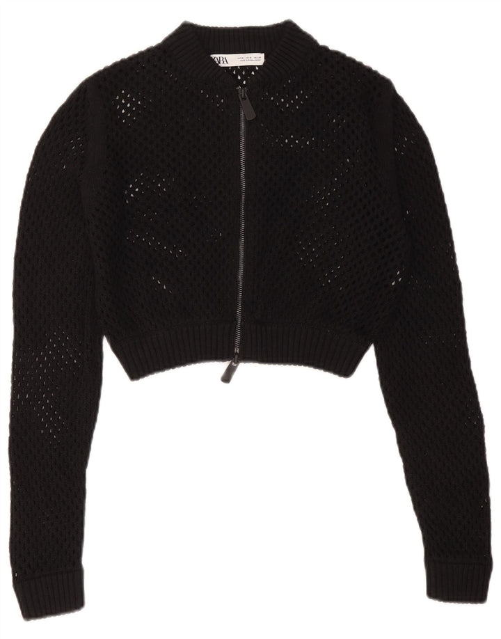 Zara Womens Crop See Through Cardigan Sweater UK 12 Medium Black