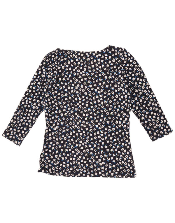 Marks & Spencer Womens Top 3/4 Sleeve UK 12 Medium  Navy Blue Floral Cotton