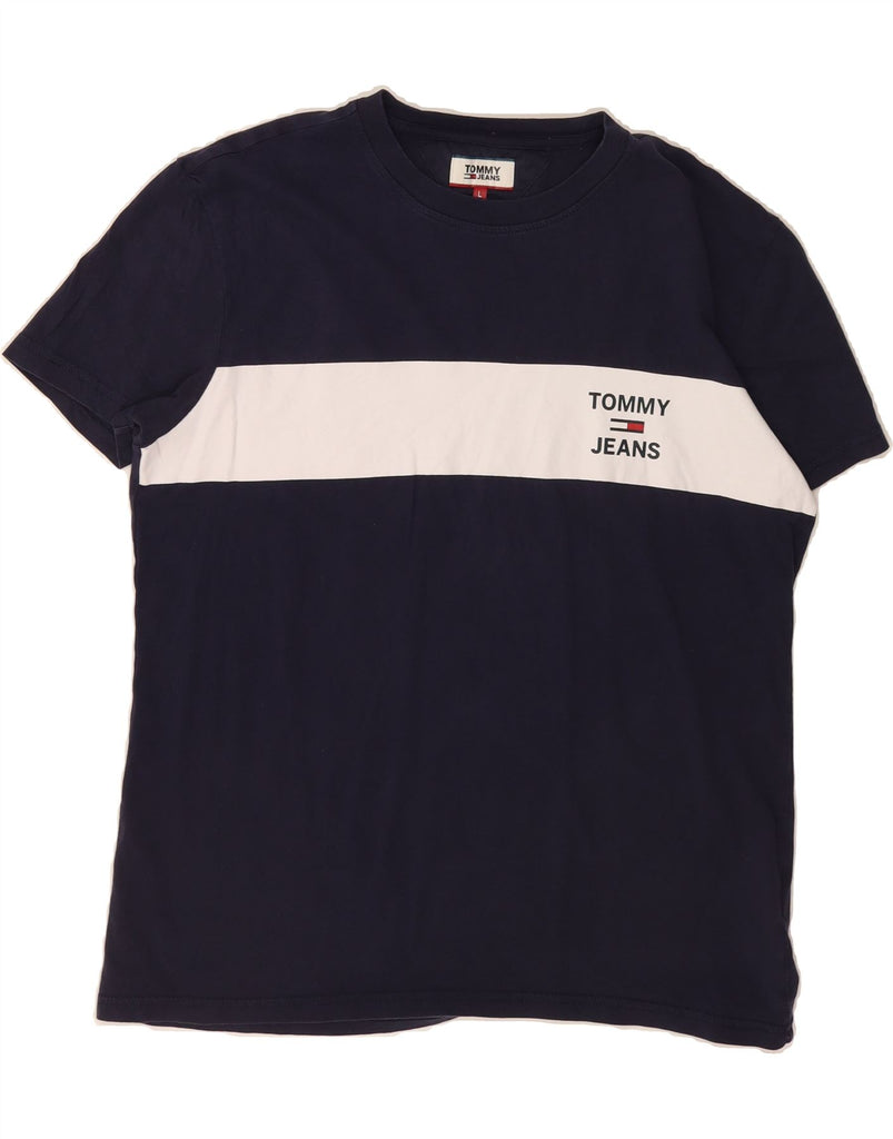 TOMMY HILFIGER Mens Graphic T-Shirt Top Large Navy Blue Colourblock Cotton Vintage Tommy Hilfiger and Second-Hand Tommy Hilfiger from Messina Hembry 