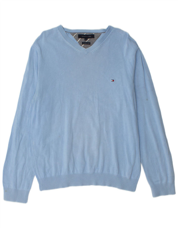 Tommy Hilfiger Mens V-Neck Jumper Sweater Large Blue Cotton