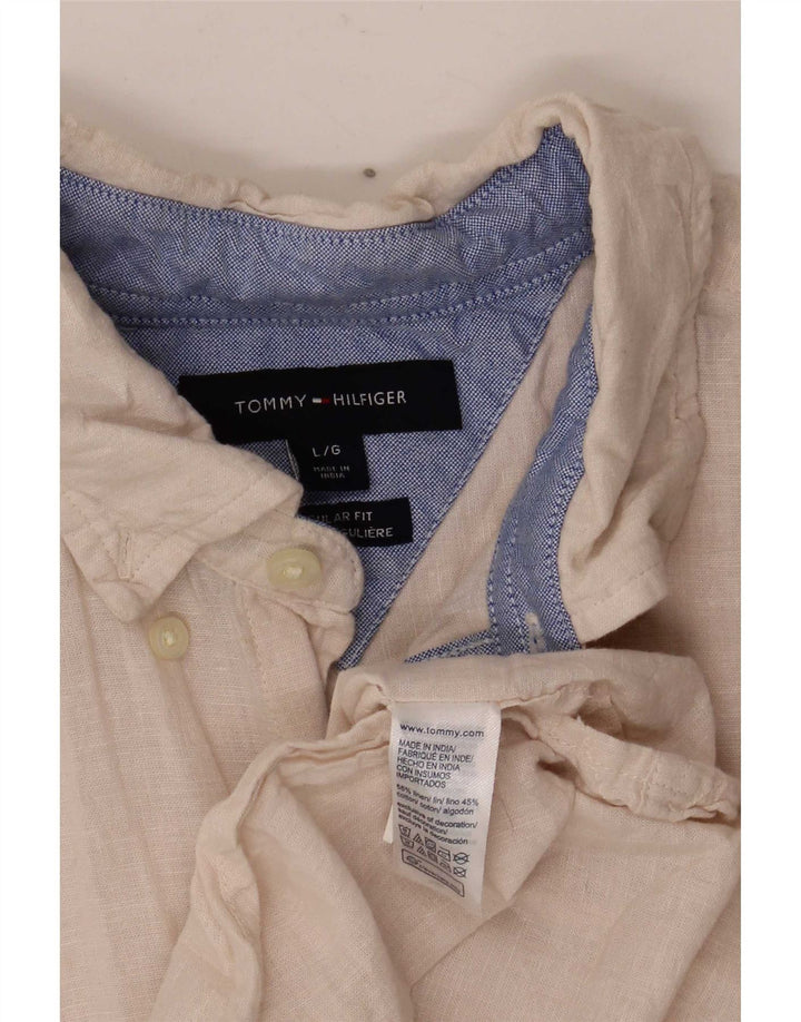 Tommy Hilfiger Mens Short Sleeve Regular Fit Shirt Large Beige Linen