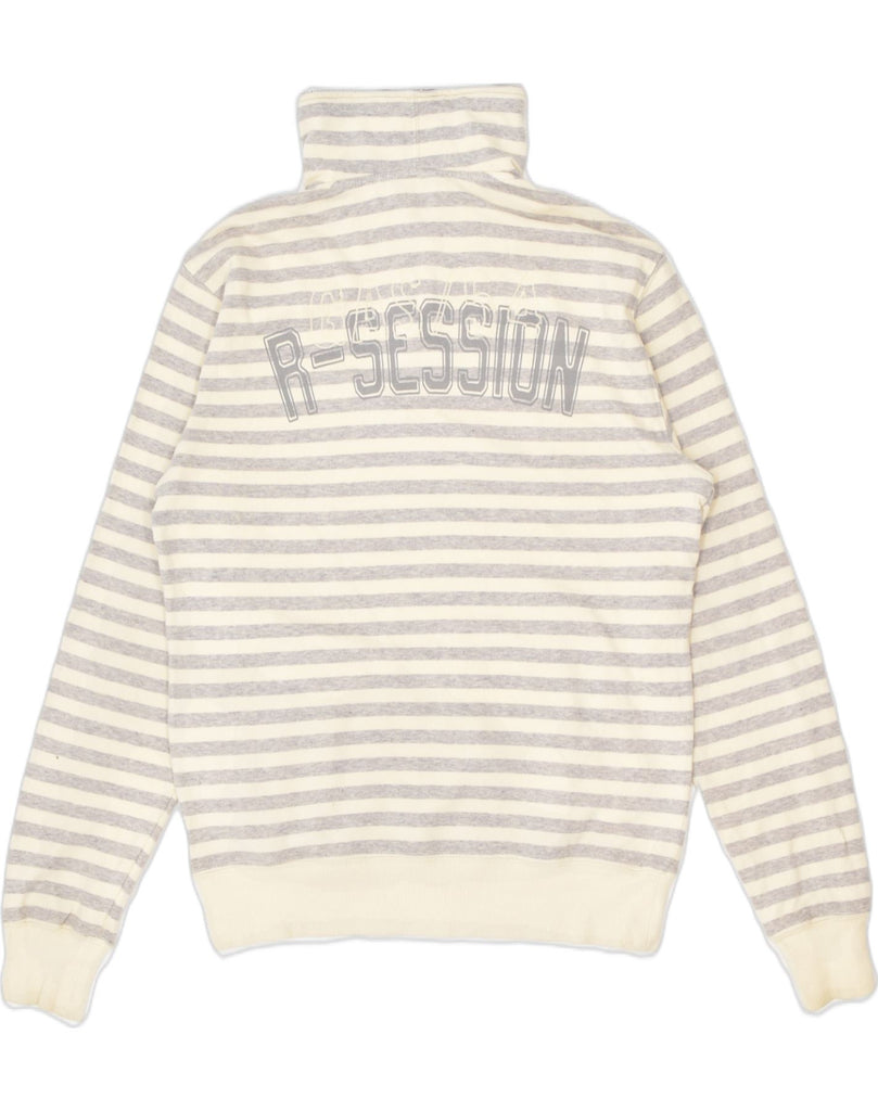 GAS Womens Graphic Zip Neck Sweatshirt Jumper UK 14 Medium Beige Striped | Vintage | Thrift | Second-Hand | Used Clothing | Messina Hembry 