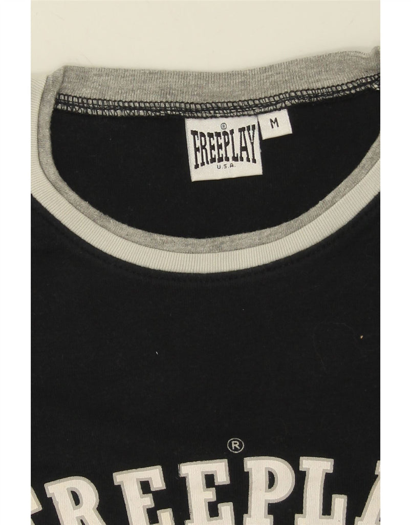 FREE PLAY Womens Graphic T-Shirt Top UK 12 Medium Black Cotton Vintage Free Play and Second-Hand Free Play from Messina Hembry 