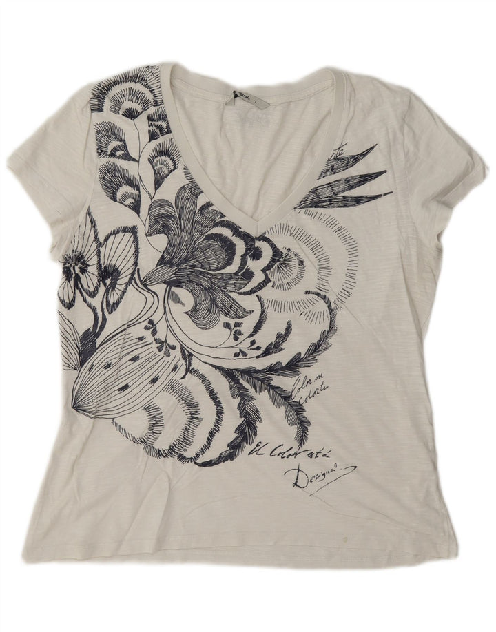 Desigual Womens Graphic T-Shirt Top UK 16 Large White