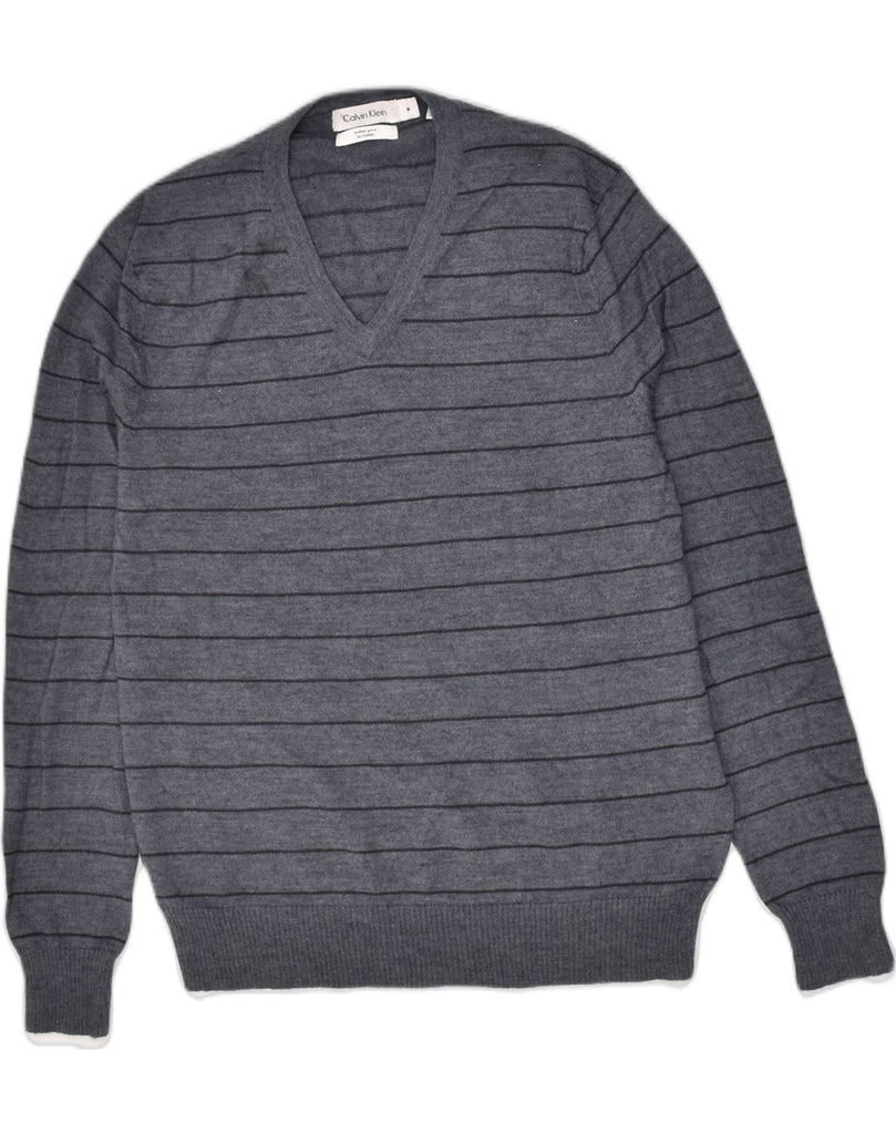 CALVIN KLEIN Mens V-Neck Jumper Sweater Medium Grey Striped Merino Wool | Vintage Calvin Klein | Thrift | Second-Hand Calvin Klein | Used Clothing | Messina Hembry 