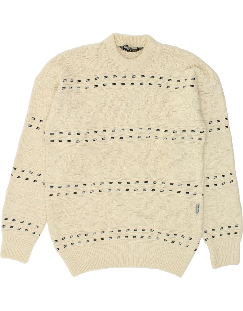 VINTAGE Mens Crew Neck Jumper Sweater Medium Beige Striped Cotton Vintage Vintage and Second-Hand Vintage from Messina Hembry 