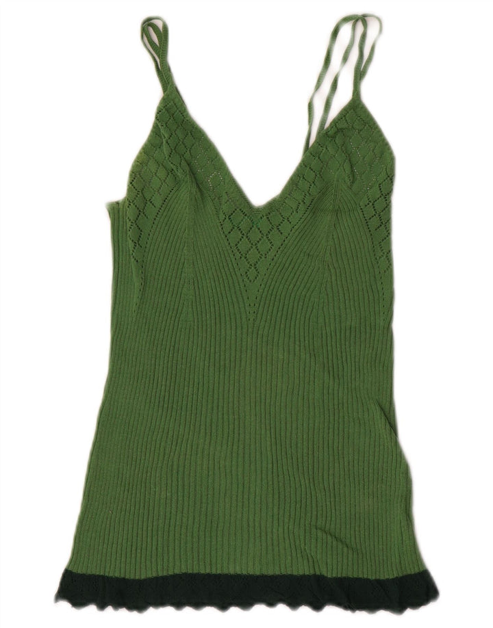 BENETTON Womens Knit Cami Top UK 4 XS Green Colourblock
