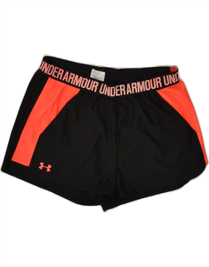 UNDER ARMOUR Womens Heat Gear Graphic Sport Shorts UK 14 Large Black | Vintage Under Armour | Thrift | Second-Hand Under Armour | Used Clothing | Messina Hembry 