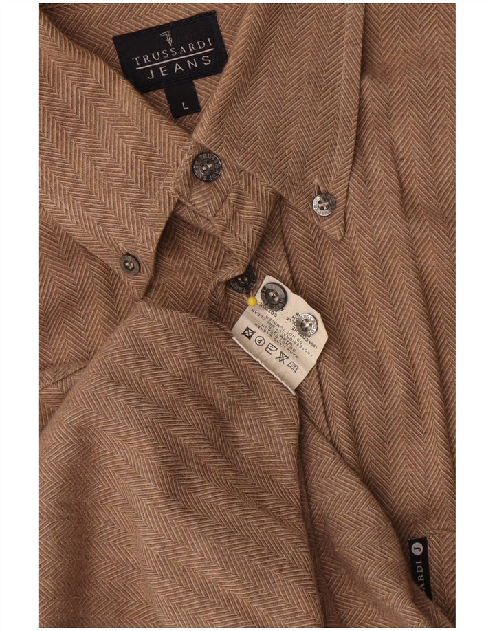 Trussardi Jeans Mens Shirt Large Brown Herringbone Cotton