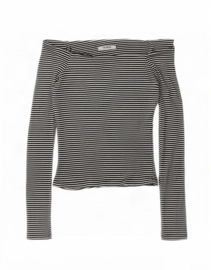 Zara Womens Long Sleeve Off Shoulder Top UK 8 Small Black Striped Polyester
