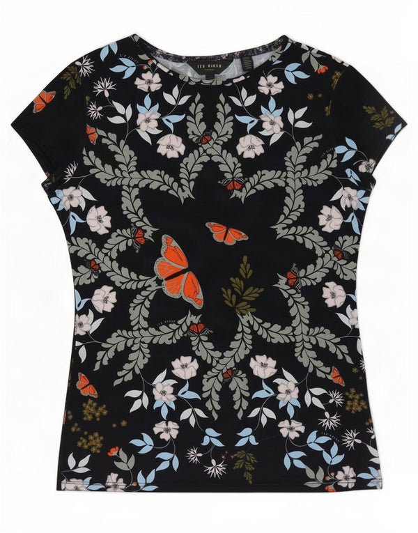Ted Baker Womens T-Shirt Top Size 2 Small Navy Blue Floral Butterfly