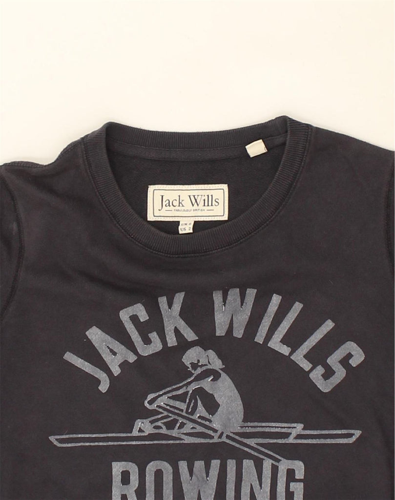 JACK WILLS Womens Graphic Sweatshirt Jumper UK 6 XS Navy Blue Cotton | Vintage Jack Wills | Thrift | Second-Hand Jack Wills | Used Clothing | Messina Hembry 