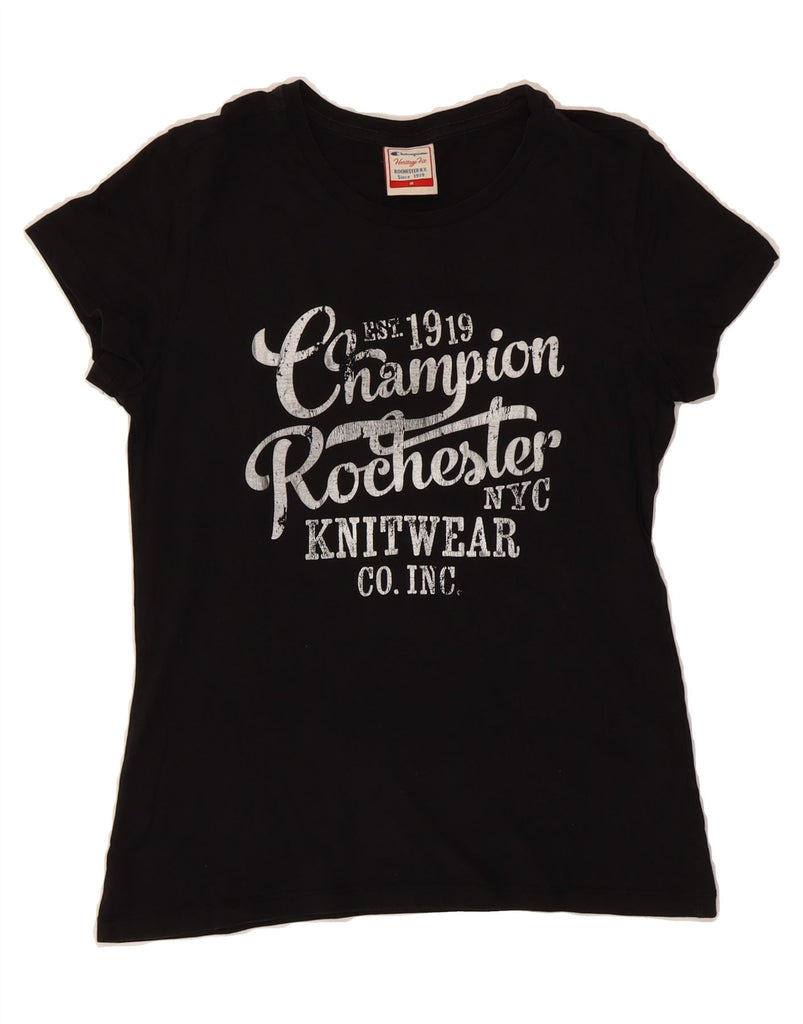CHAMPION Womens Heritage Fit Graphic T-Shirt Top UK 12 Medium Black Cotton Vintage Champion and Second-Hand Champion from Messina Hembry 