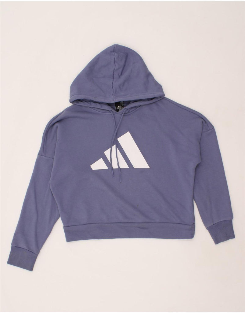 ADIDAS Womens Oversized Graphic Hoodie Jumper UK 4/6 XS Blue Cotton Vintage Adidas and Second-Hand Adidas from Messina Hembry 