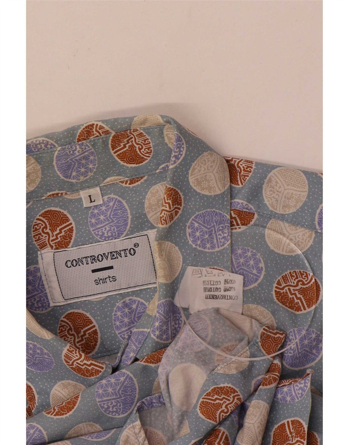 Controvento Mens Abstract Pattern Shirt Large Blue Cotton
