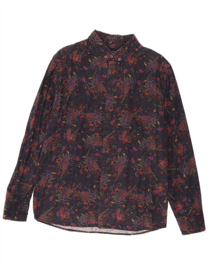 Vintage Mens Shirt Large Black Floral Cotton