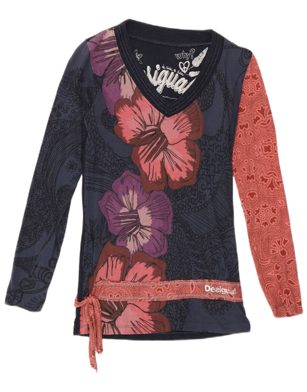 Desigual Womens Graphic Top Long Sleeve UK 8 Small Navy Blue Floral Cotton