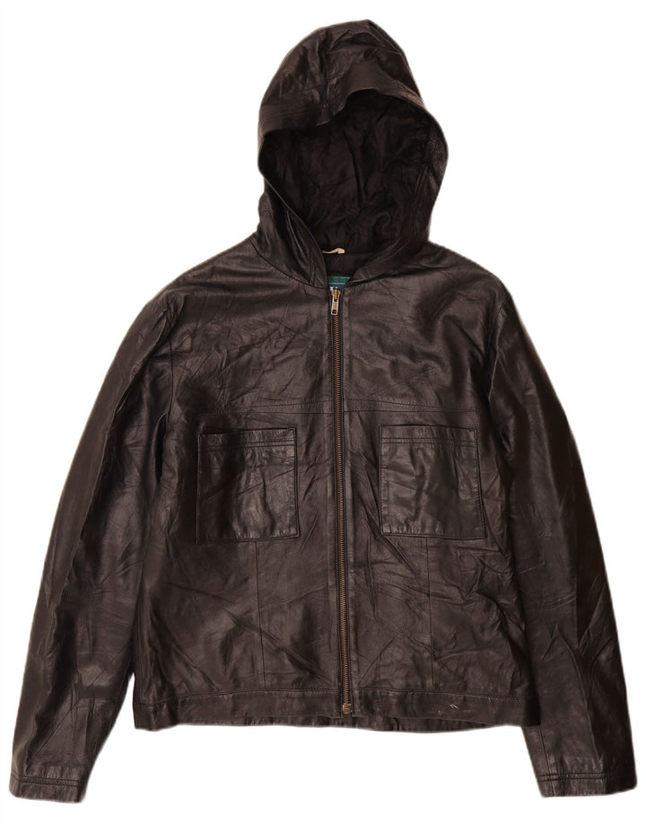 Vintage Womens Hooded Leather Jacket IT 46 Large Black Leather