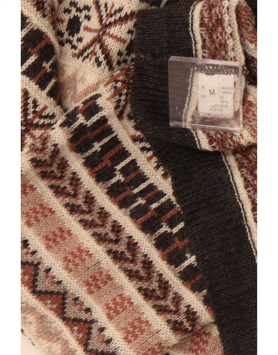Vintage Mens Turtle Neck Jumper Sweater Medium Beige Fair Isle Wool