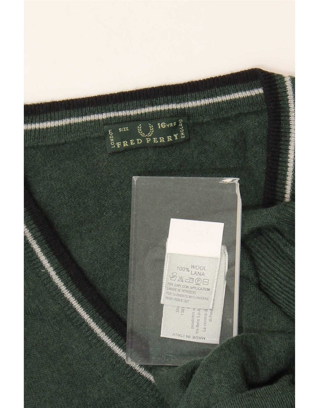 Fred Perry Boys V-Neck Jumper Sweater 15-16 Years Green Wool