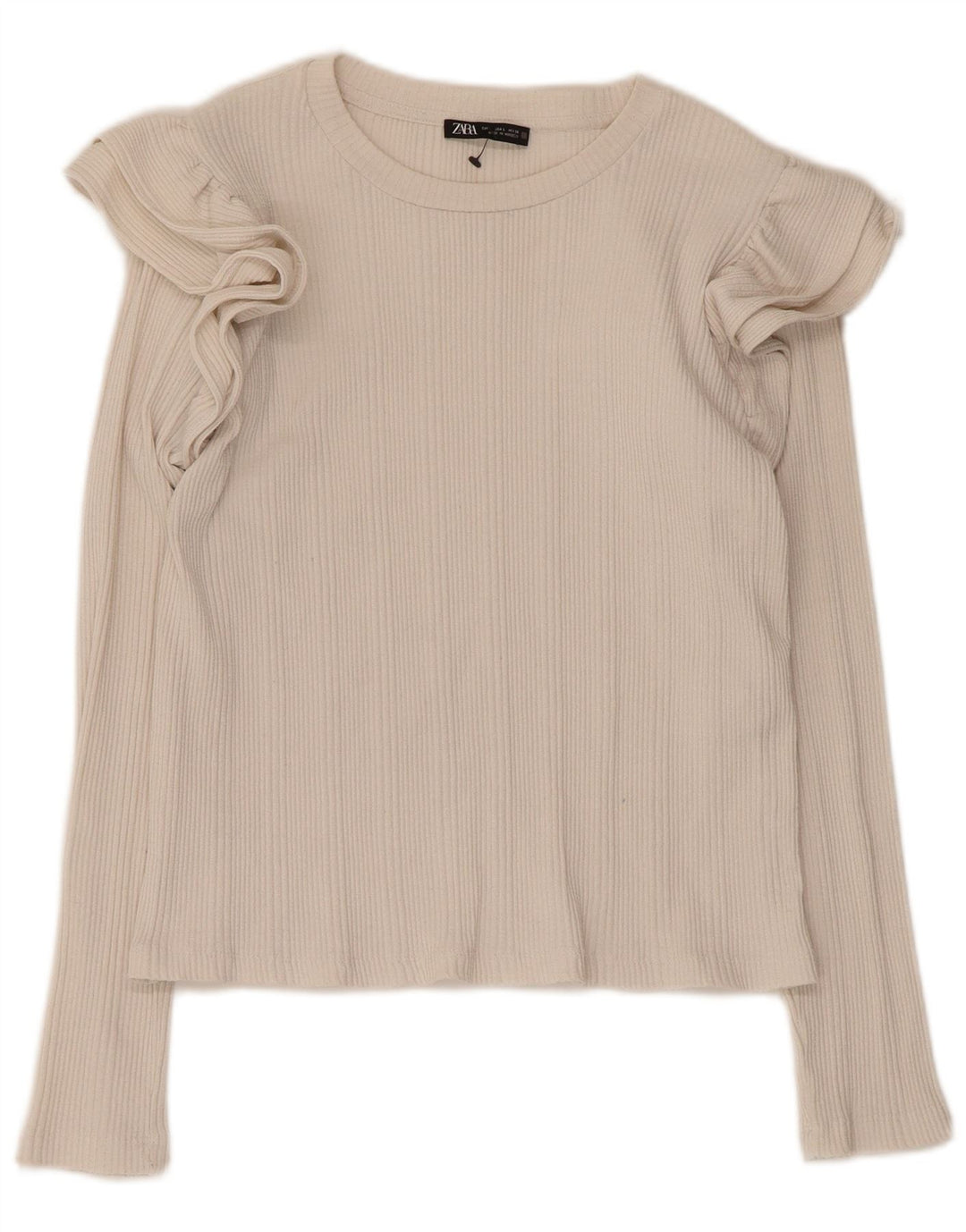 Zara Womens Crop Ruffle Front Top Long Sleeve UK 14 Large White Cotton