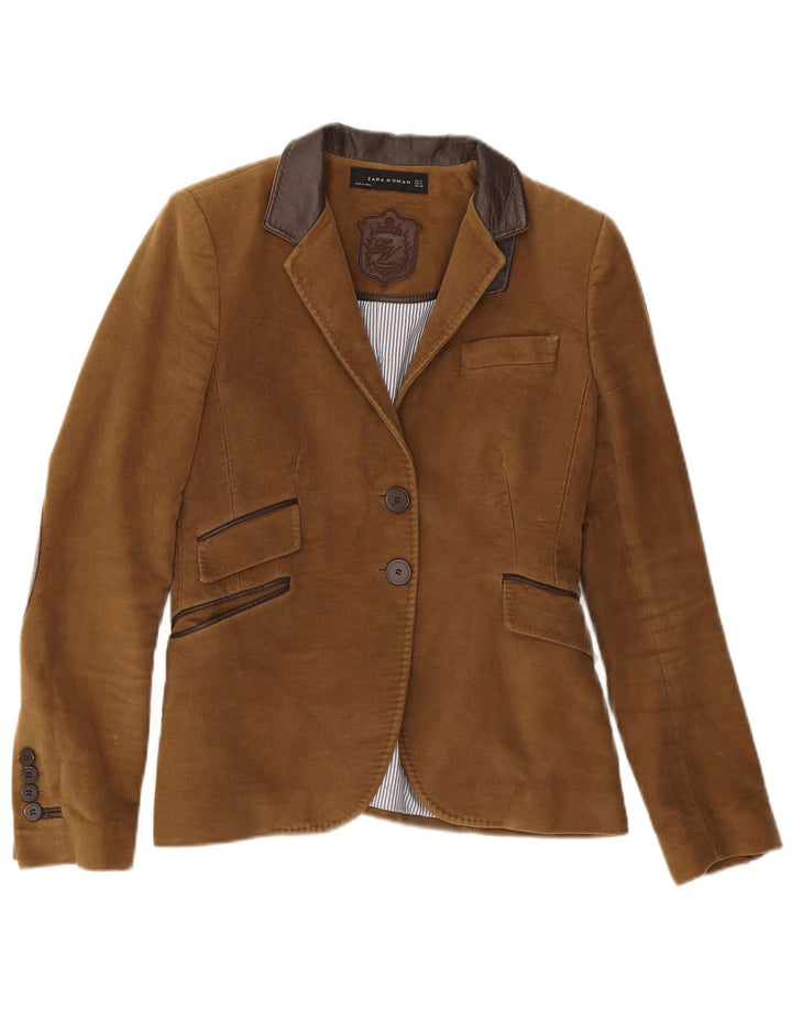 Zara Womens 2 Button Blazer Jacket UK 10 Small Brown Cotton