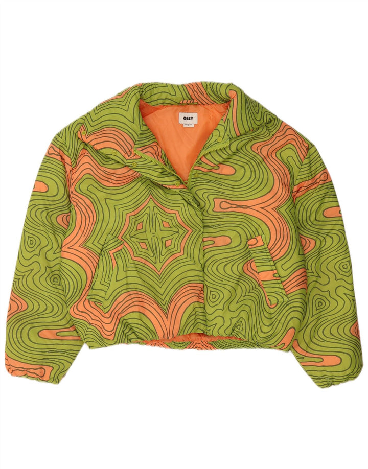 Obey Womens Oversized Padded Jacket UK 10 Small Green Geometric Polyester