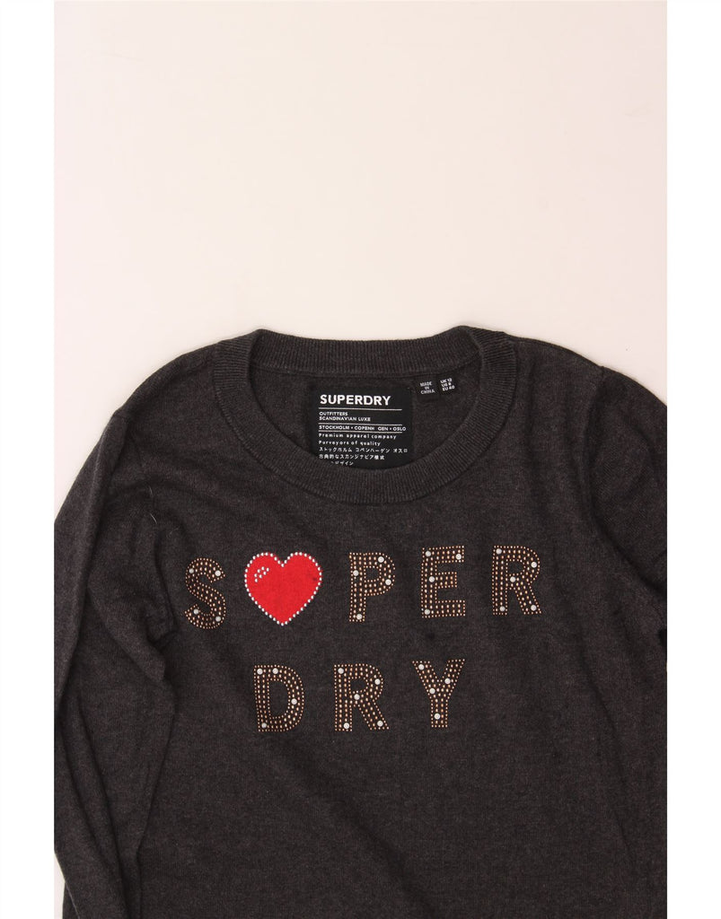 SUPERDRY Womens Graphic Boat Neck Jumper Sweater UK 12 Medium Grey Cotton Vintage Superdry and Second-Hand Superdry from Messina Hembry 
