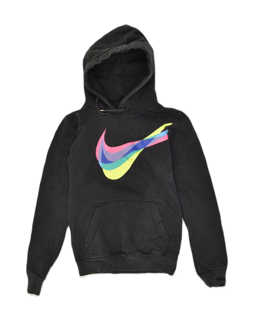 NIKE Womens Graphic Hoodie Jumper UK 6 XS Black Cotton | Vintage Nike | Thrift | Second-Hand Nike | Used Clothing | Messina Hembry 