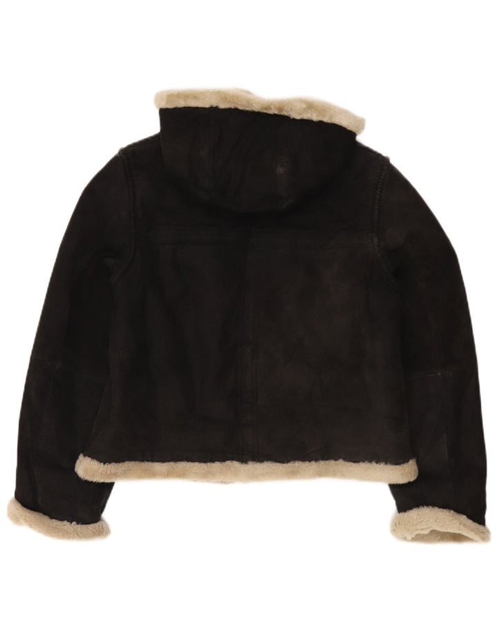 Conbipel Womens Hooded Shearling Jacket UK 14 Medium Black Leather