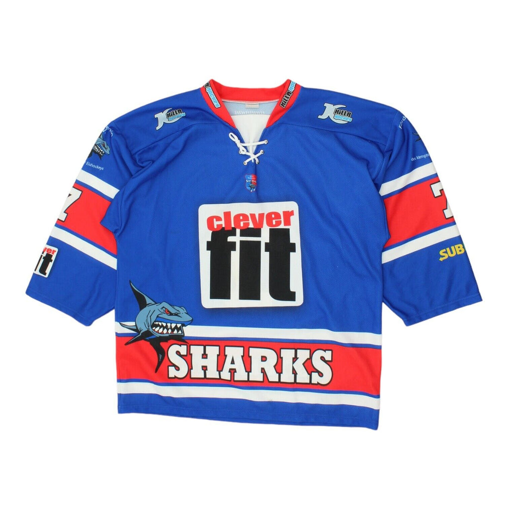 ESC Kempten Sharks Mens Blue Lace Up Ice Hockey Jersey | German Sportswear VTG | Vintage Messina Hembry | Thrift | Second-Hand Messina Hembry | Used Clothing | Messina Hembry 