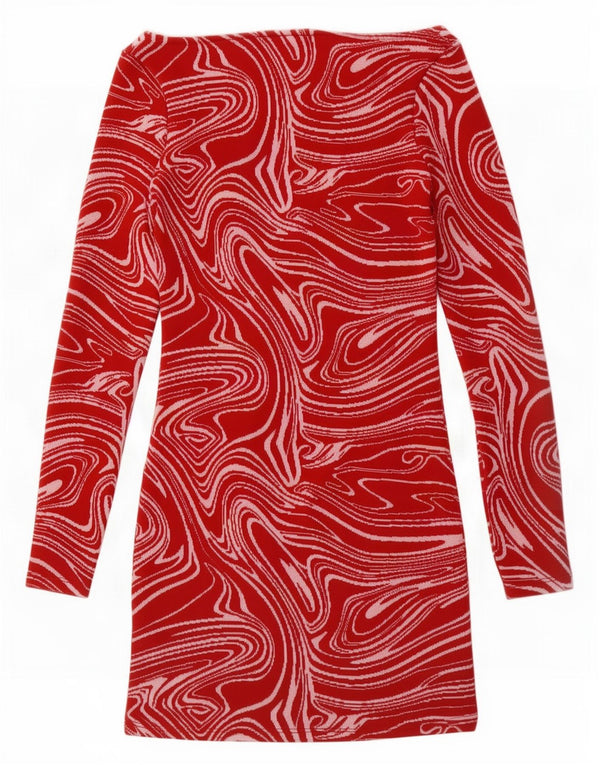 Zara Womens Abstract Pattern Long Sleeve Sheath Dress UK 8 Small Red
