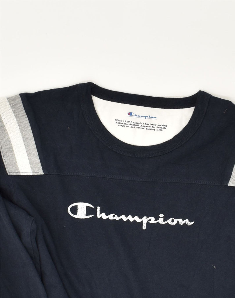 CHAMPION Womens Graphic Top Long Sleeve UK 10 Small Navy Blue Cotton | Vintage Champion | Thrift | Second-Hand Champion | Used Clothing | Messina Hembry 