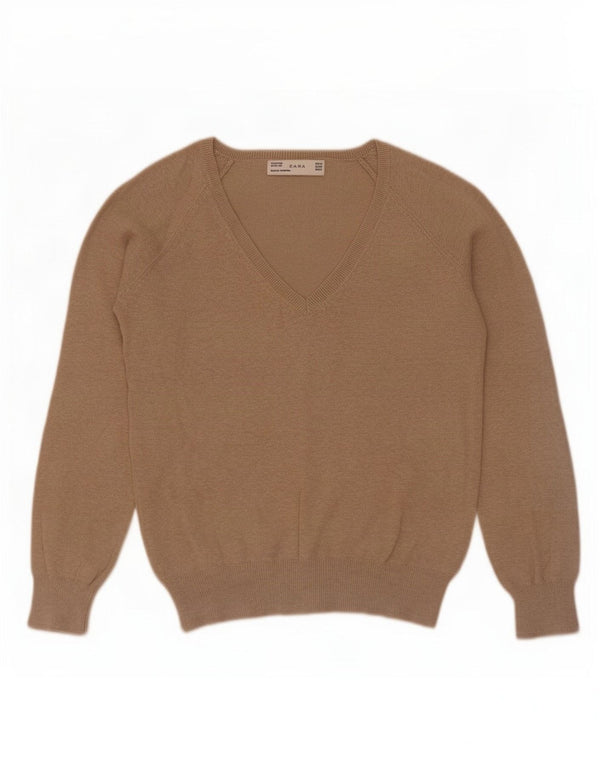 Zara Womens V-Neck Jumper Sweater UK 12 Medium Beige Cotton