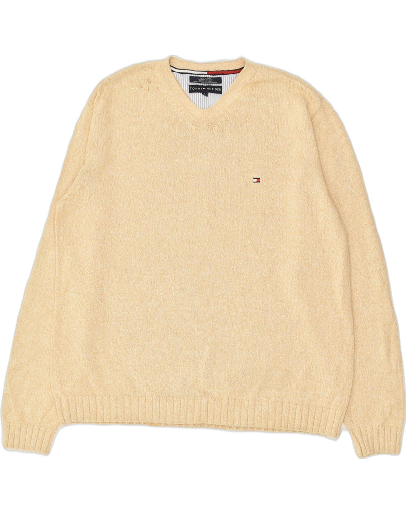 TOMMY HILFIGER Mens V-Neck Jumper Sweater Large Beige Cotton | Vintage Tommy Hilfiger | Thrift | Second-Hand Tommy Hilfiger | Used Clothing | Messina Hembry 