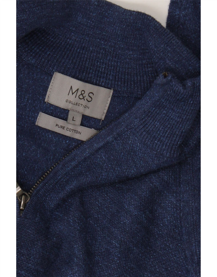 Marks & Spencer Mens Zip Neck Jumper Sweater Large Blue Flecked Cotton