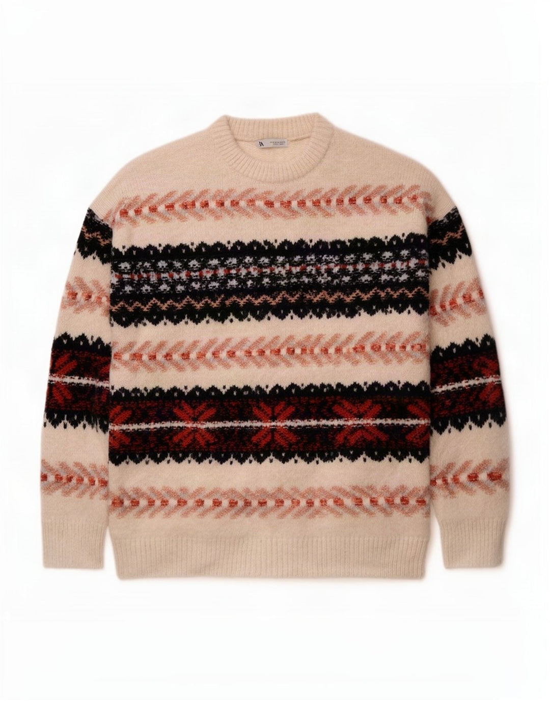 Zara Mens Crew Neck Jumper Sweater Medium Off White Fair Isle Acrylic