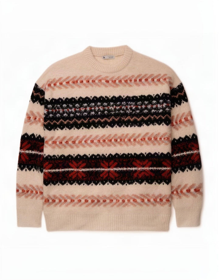 Zara Mens Crew Neck Jumper Sweater Medium Off White Fair Isle Acrylic