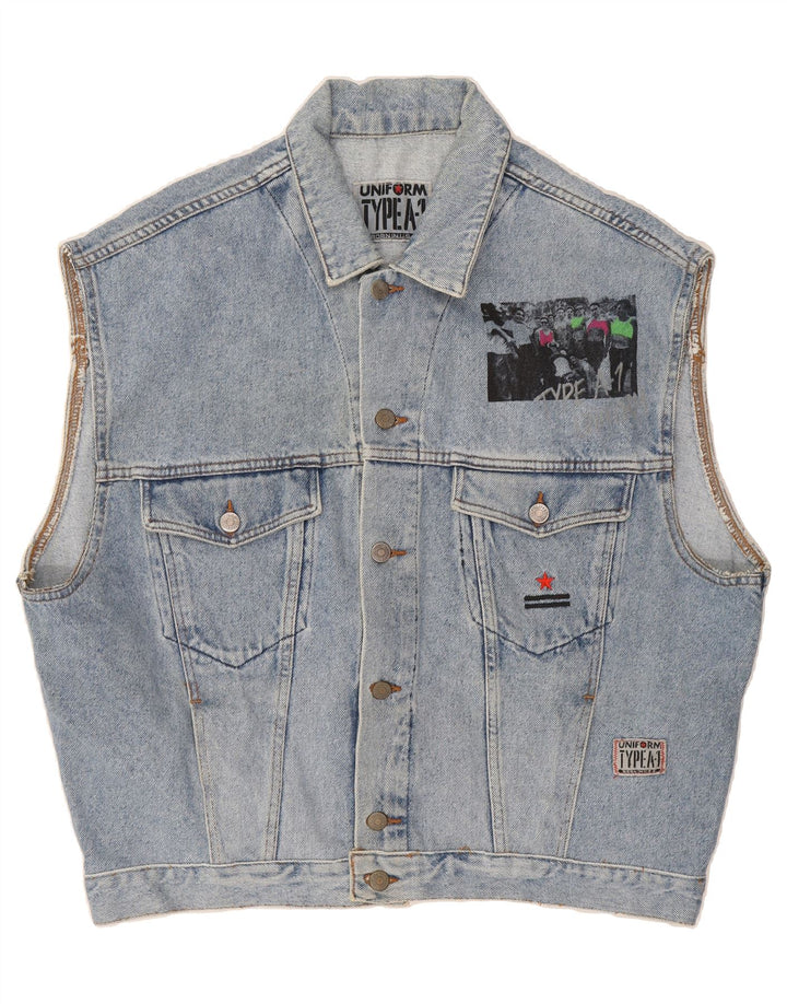 UNIFORM Womens Graphic Denim Gilet UK 14 Medium Blue Vintage Uniform and Second-Hand Uniform from Messina Hembry 