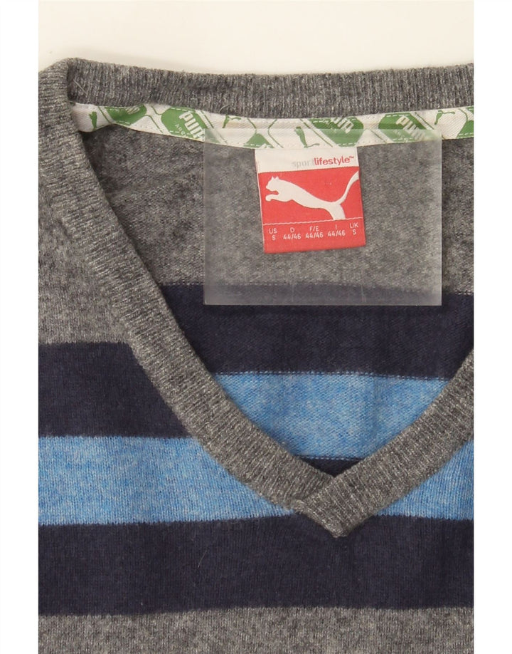 Puma Mens V-Neck Jumper Sweater Small Grey Colourblock Lambswool