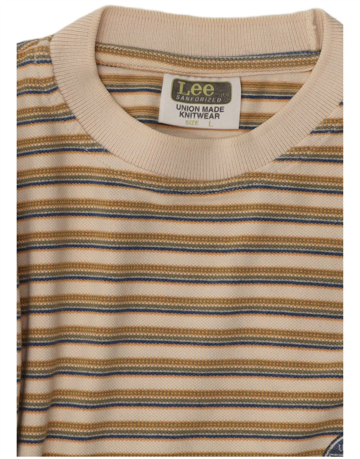 Lee Mens T-Shirt Top Large Beige Striped Cotton