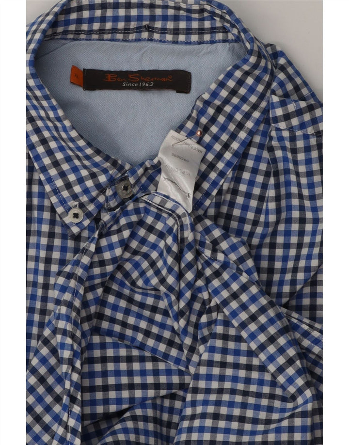 Ben Sherman Mens Short Sleeve Shirt XL Blue Gingham Cotton