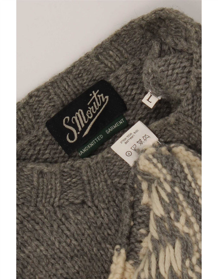 S. Moritz Mens Crew Neck Jumper Sweater Large Grey Geometric Wool