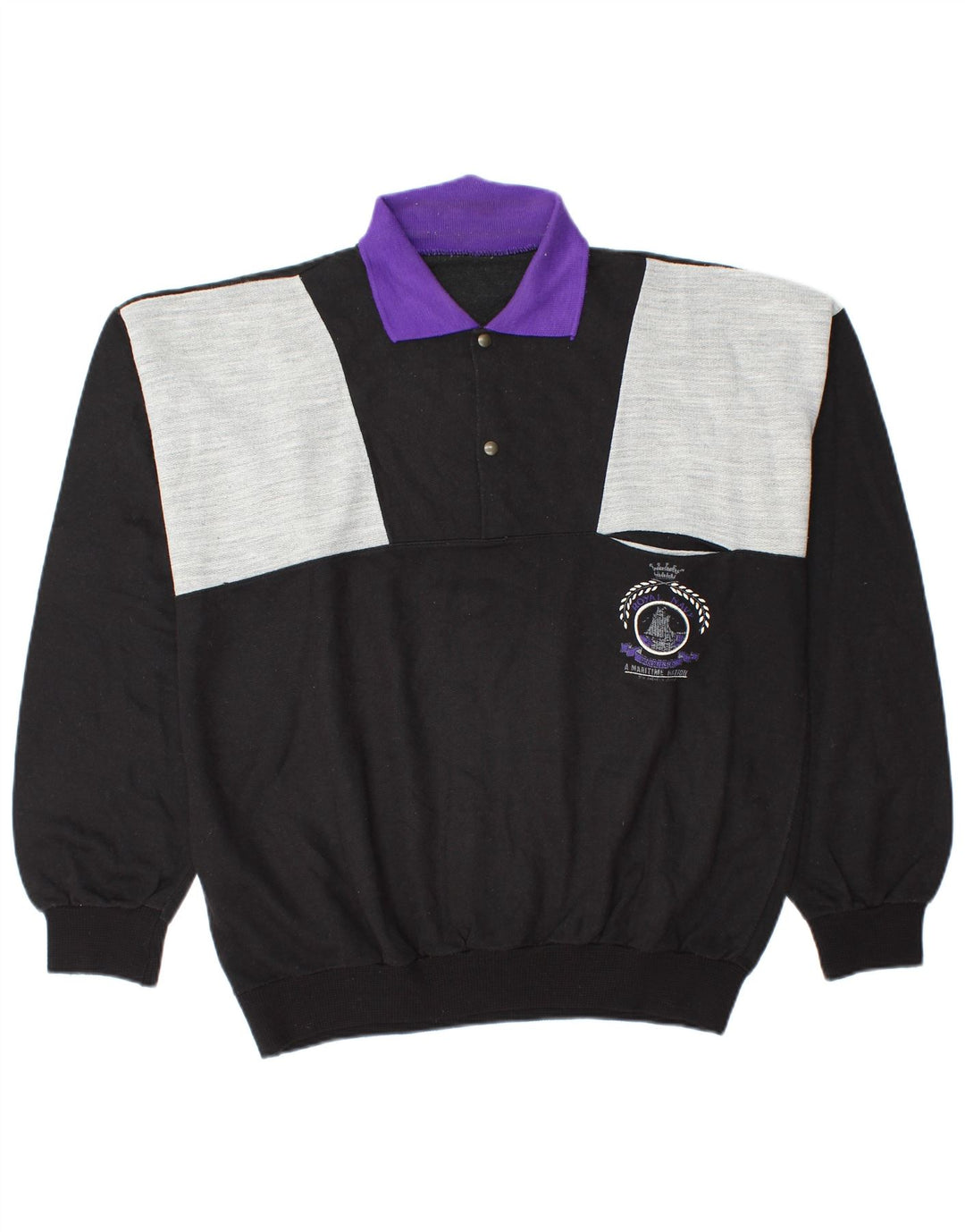 Vintage Mens Polo Neck Sweatshirt Jumper Medium Black Colourblock