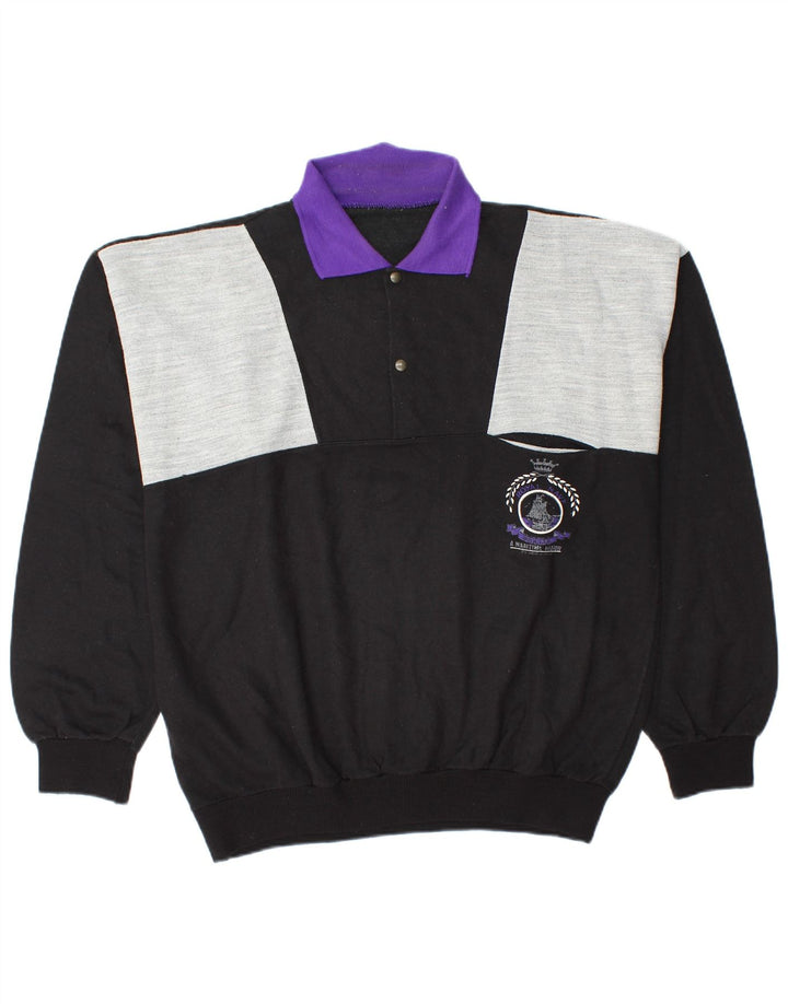 Vintage Mens Polo Neck Sweatshirt Jumper Medium Black Colourblock