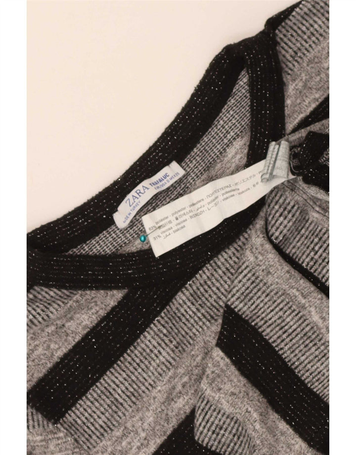 Zara Womens Trafaluc Crop Top Long Sleeve UK 8 Small Grey Striped Polyester