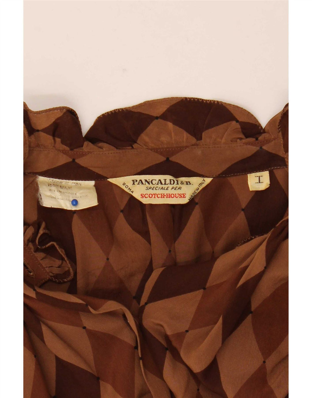 Pancaldi & B Womens Shirt Blouse UK 12 Medium Brown Argyle/Diamond Silk