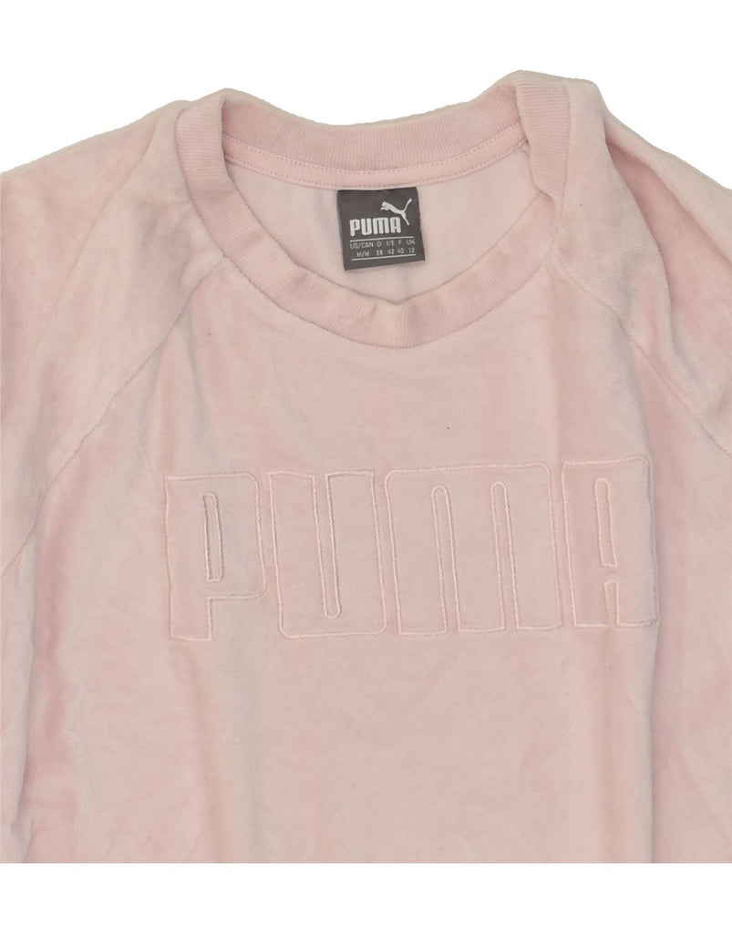 PUMA Womens Velour Graphic Sweatshirt Jumper UK 12 Medium  Pink Cotton | Vintage Puma | Thrift | Second-Hand Puma | Used Clothing | Messina Hembry 